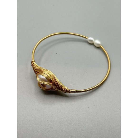 Wire Wrapped Pearls Bracelet Gold Tone Wire and Genuine Pearls Bangle Cuff - Picture 4 of 7